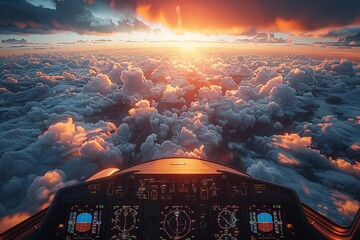 Cockpit view flying through sunset clouds, sky, and atmosphere during air travel