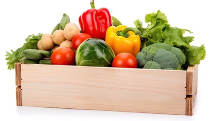 Pine wooden box full of colorful fresh vegetables on white background