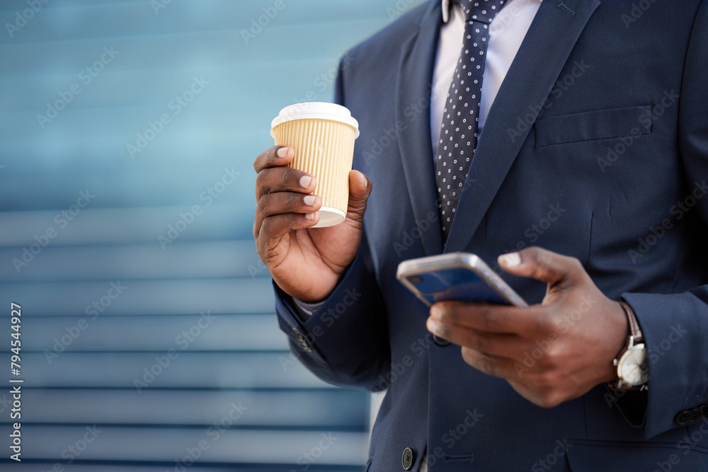 Poster coffee, cell phone and hands for black man, communication and texting on smartphone. technology, ent