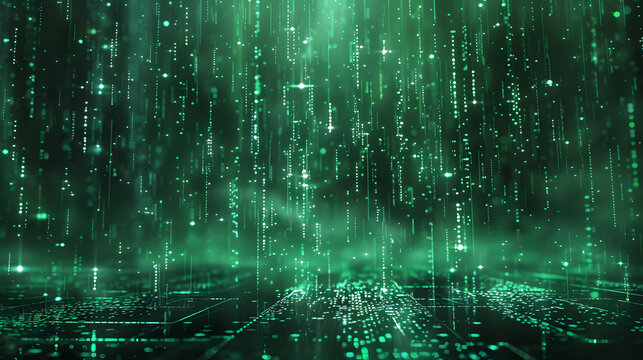 a digital rain of green binary code cascading down a dark black background, with a sense of movement and flow of information, symbolic of the digital age. image for big data concept background