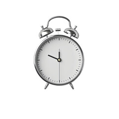 A classic silver alarm clock with a minimalist face and hands, isolated on a transparent background, ideal for time-related concepts.