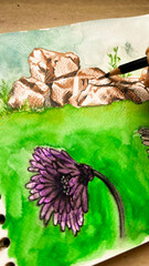 CLose-up POV drawing illustration of nature with color pencils. Macro watercolor sketches on paper. Film grain texture. Soft focus. Blur
