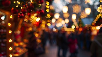 A sea of blurred decorations and bustling crowds create the perfect backdrop for the festive excitement of a Christmas market where holiday cheer is in full swing. .