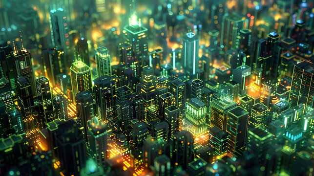 a sprawling futuristic cityscape, built like glowing circuit boards and wires. image for abstract digital background