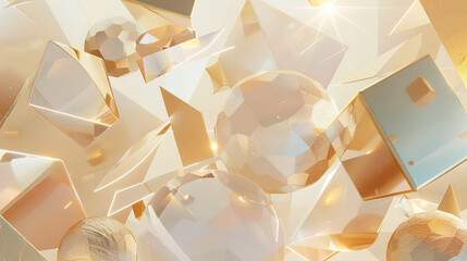 Floating geometric shapes in golden light, abstract background