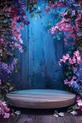 Fototapeta na wymiar Natural wood pattern podium stage with an aesthetic display frame of colorful hanging flowers - Trendy modern product advertising platform - Generative AI
