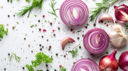 Sliced red onion on white background with herbs and spices