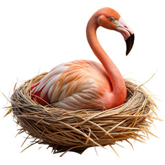Graceful flamingo sitting in a straw nest on a clear background