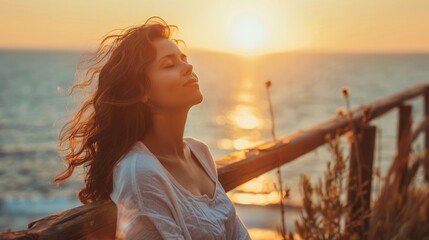 Young Latin woman on a wooden balcony overlooking the sea at sunrise, in a pose of deep inhalation, feeling tranquil and connected to nature, styled as an ethereal light-filled capture.