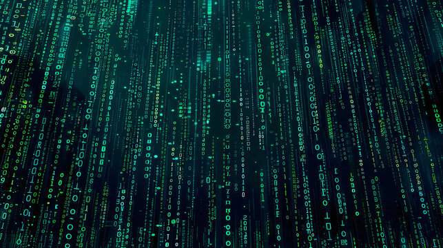 a digital rain of green binary code cascading down a dark black background, with a sense of movement and flow of information,  symbolic of the digital age. image for big data concept background