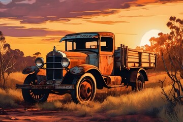 Forgotten relic: A 1920s truck rusts away in the vastness of the Australian Outback, a silent witness to time's passage. Pub menu decoration - obrazy, fototapety, plakaty