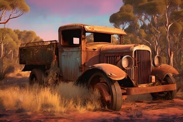 Forgotten relic: A 1920s truck rusts away in the vastness of the Australian Outback, a silent witness to time's passage. Pub menu decoration - obrazy, fototapety, plakaty
