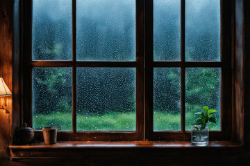 Raindrops wetting the wooden window glass on a cool evening