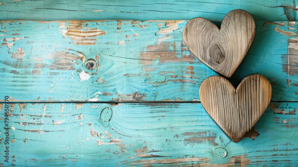 Wall mural Two charming wooden hearts delicately arranged on a lovely turquoise backdrop of aged wood setting the perfect mood for Valentine s Day