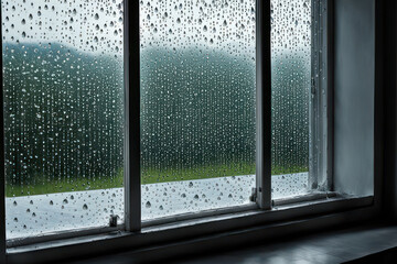 Gouttes de pluie un soir mouillant la vitre. Illustration nostalgique de l'envie quand il pleut - obrazy, fototapety, plakaty