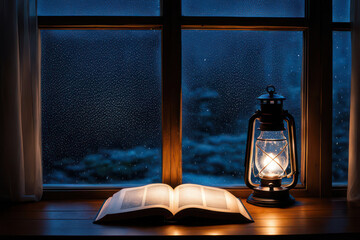 Illustration de journal de souvenirs. Vue des gouttes de pluie mouillant la fenêtre en bois avec un éclairage tamisé de lanterne et un livre ouvert usé - obrazy, fototapety, plakaty