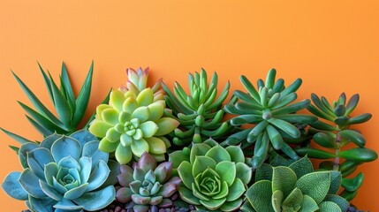 Fototapeta premium An assortment of succulents and cacti in a container against a bright orange backdrop Soft hues Exotic foliage