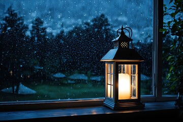 Illustration de nostalgie des souvenirs avec son amoureux alors que la pluie mouille la vitre avec un éclairage de lanterne - obrazy, fototapety, plakaty