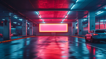 Parking garage underground interior with blank billboard - Powered by Adobe