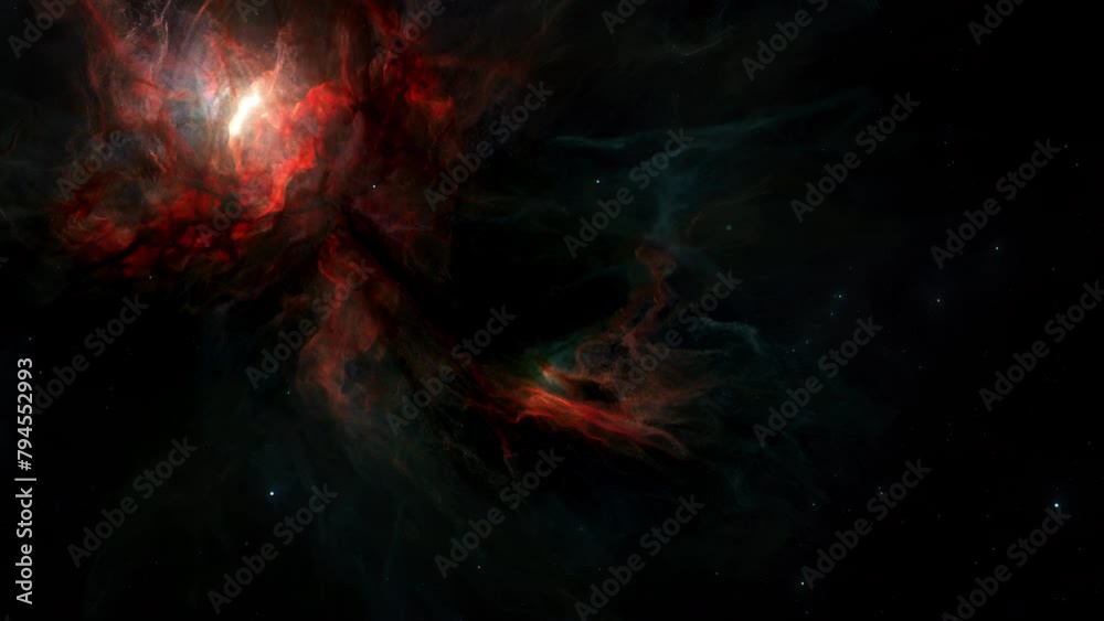 Canvas Prints red hydrogen nebula with hot glowing proto stars in deep space star field. 3d animation wide shot of