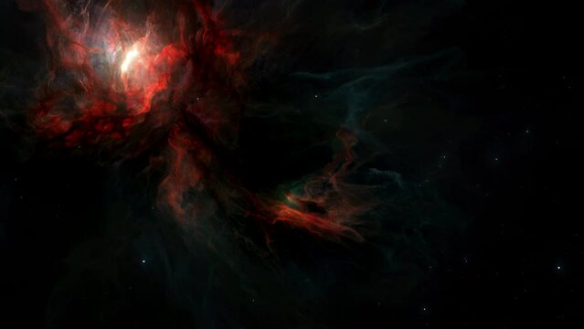 Red Hydrogen Nebula with hot glowing proto stars in deep space star field. 3D animation wide shot of the birth of stars and the theory of Big Bang. Hot plasma ignites solar fusion.