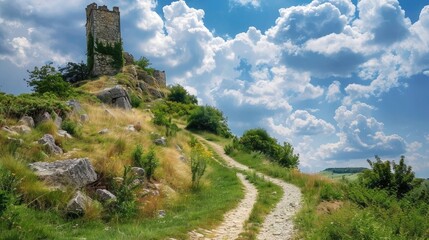 Panoramic view of a path leading to an old hilltop castle tower under a blue sky with white puffy clouds - obrazy, fototapety, plakaty