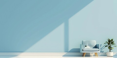 Minimalist interior with modern sofa chairs and potted plants with large blue wall copy space