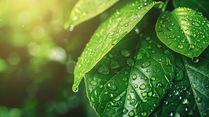 Peaceful nature closeup. Beautiful artistic green leaves with drops of water. Drops of dew in the morning glow in the sun. Beautiful leaf texture in nature. Natural background. Spring summer growth