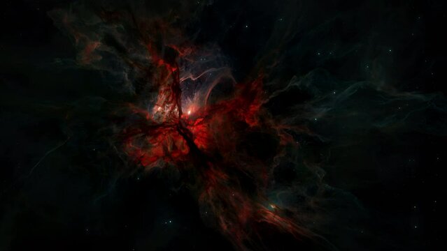 Red Hydrogen Nebula with hot glowing proto stars in deep space star field. 3D animation wide shot of the birth of stars and the theory of Big Bang. Hot plasma ignites solar fusion.
