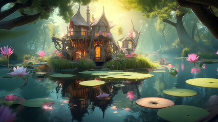A fairy villa perched on floating lily pads. Generative Ai