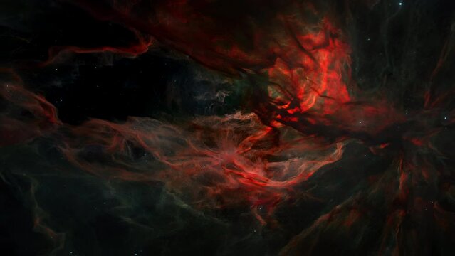 Red Hydrogen Nebula with hot glowing proto stars in deep space star field. 3D animation wide shot of the birth of stars and the theory of Big Bang. Hot plasma ignites solar fusion.
