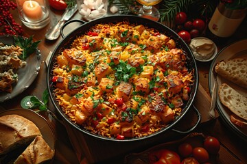 A pan of Menemen, a Turkish cuisine dish, is placed on a wooden table