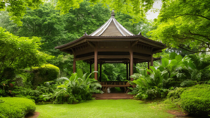 A hidden pavilion surrounded by lush greenery. Generative Ai - obrazy, fototapety, plakaty