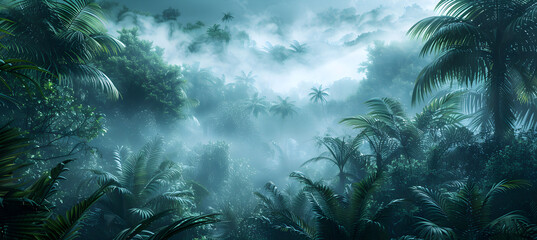 A misty and mysterious jungle oasis with lush green foliage and exotic trees, creating a serene and tranquil atmosphere. Suitable for nature and fantasy-themed illustrations.