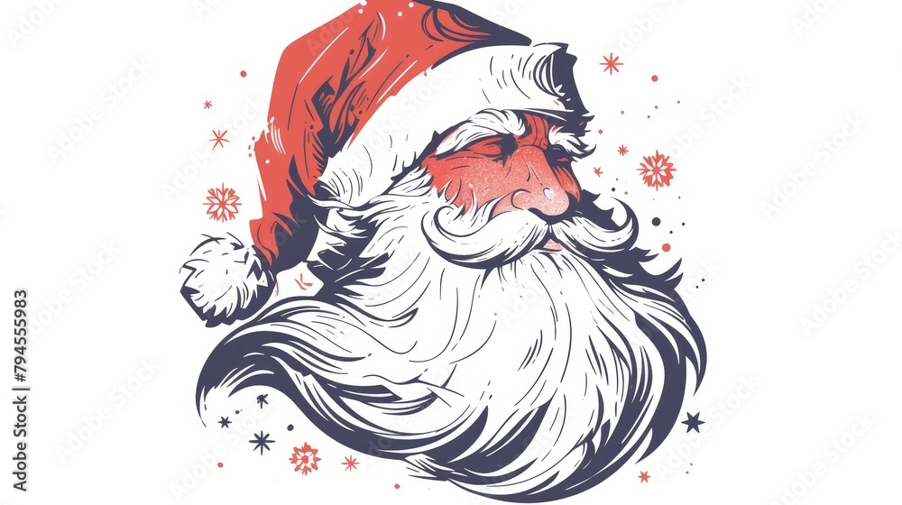 Poster santa claus is depicted with a mustache and beard in a linear icon against a white background