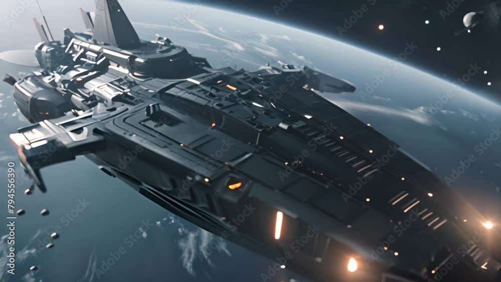 Wall mural futuristic spaceship orbiting planet earth with ai generated.