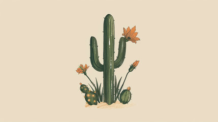 Naklejka premium Ink Style Cactus and Flower Logo - Vector Design 