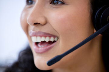 Call center, thinking and woman with microphone in office for customer service, communication and...