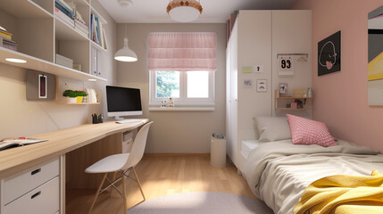 teen girl's room, ikea, area 14m2, bed, desk and large closet, a lot of light
