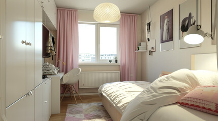 teen girl's room, ikea, area 14m2, bed, desk and large closet, a lot of light