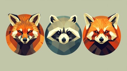 Naklejka premium Chic and minimalist animal head icons featuring a fox red panda and raccoon are elegantly stylized within circles in a modern geometric design