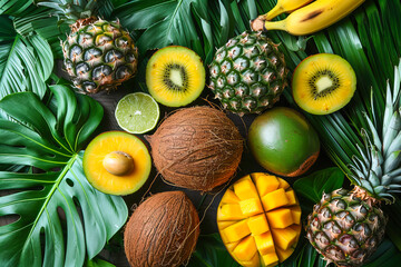 Array of vibrant tropical fruits on a lush foliage backdrop