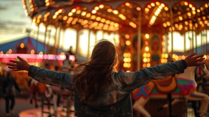 A lone figure stands in front of the carousel arms outstretched and hair blowing in the wind as they soak in the joy and excitement . .