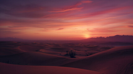 Vast desert under a serene twilight with rolling sand dunes and lone cacti