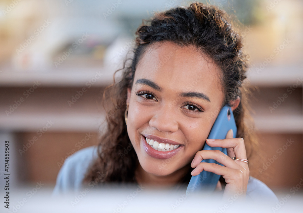 Poster woman, phone call and portrait at computer in office, conversation and networking on app. female per