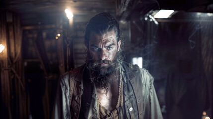 Bearded Pirate hiding in the dark mid-deck of a Pirate Galleon