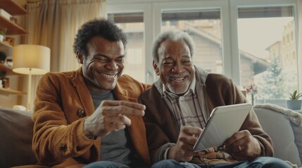 diverse man and his father with tablet laugh together as he tries to use technology