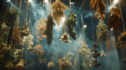 A collection of dried herbs and plants hang from the ceiling their scent mixing with the burning incense to create an otherworldly aroma. . - Powered by Adobe
