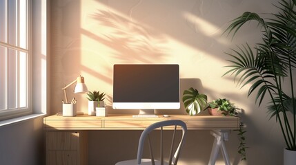 Cozy Home Office Setup - Super Realistic 2D Illustration with Copy Space for Text