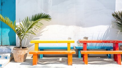 Vibrant beach seating against a white wall backdrop outdoors